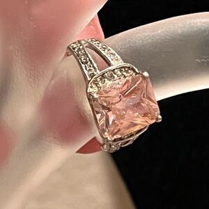 Size 7 Morganite Sterling Silver princess-cut morganite ring with clear cz’s